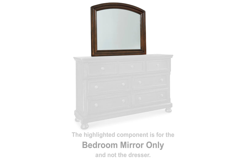 Ashley Furniture Porter bedroom mirror with a sleek rectangular design and a dark wood frame.