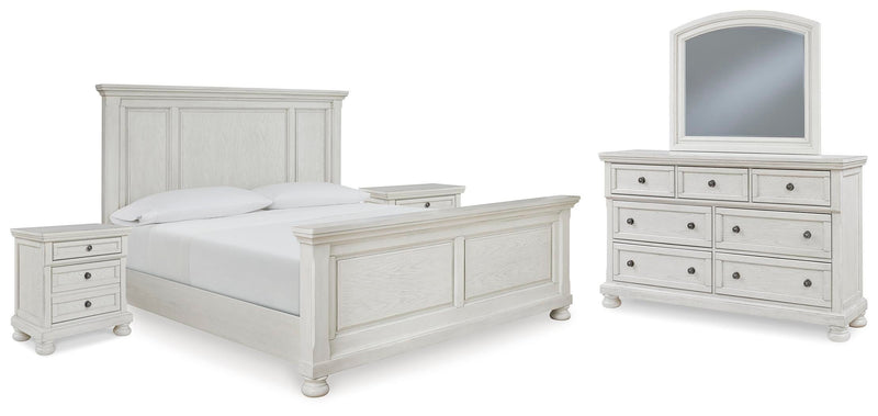 Ashley Furniture Robbinsdale bedroom set with a stylish bed frame, matching nightstands, and dresser in a modern bedroom design.
