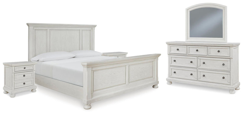 Ashley Furniture Robbinsdale bedroom set with a bed, nightstands, and dresser featuring modern wood finish and stylish hardware.