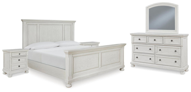 Ashley Furniture Robbinsdale bedroom set with a bed, nightstands, and dresser in a modern, stylish bedroom arrangement.