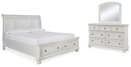 Ashley Furniture Robbinsdale bedroom set featuring a bed frame, nightstands, and dresser in a stylish bedroom arrangement.