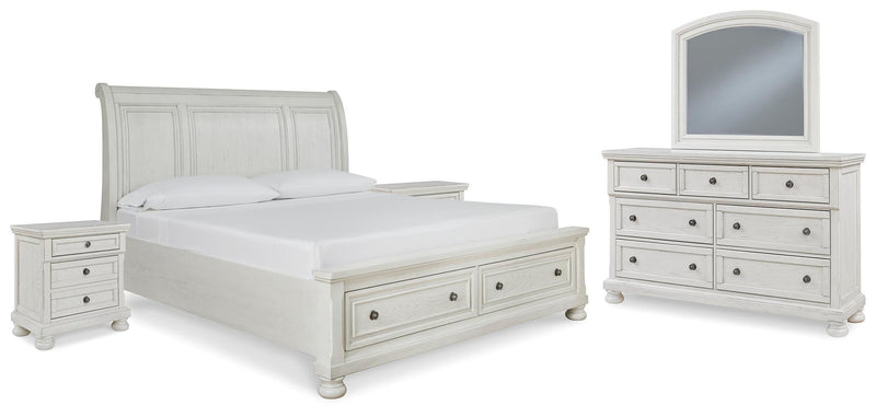 Ashley Furniture Robbinsdale bedroom set featuring a bed frame, nightstands, and dresser with modern design and wood finish.