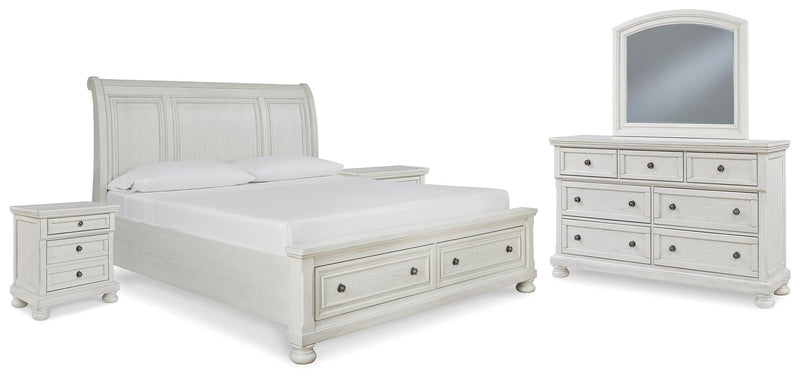 Ashley Furniture Robbinsdale bedroom set with a wooden bed frame, matching nightstands, and dresser in a modern bedroom setting.