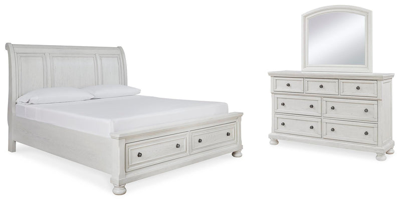 Ashley Furniture Robbinsdale bedroom set with a bed frame, nightstands, and dresser in a modern bedroom decor setting.