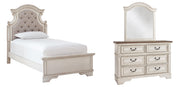 Ashley Furniture Realyn bedroom set with a bed, nightstands, and dresser in a modern design, shown in a cozy bedroom setting.