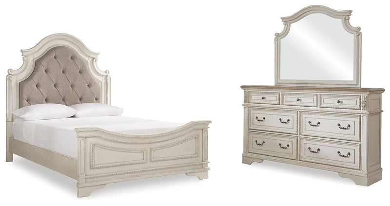 Ashley Furniture Realyn bedroom set with a modern bed frame, matching nightstands, and a coordinated dresser in a stylish bedroom.