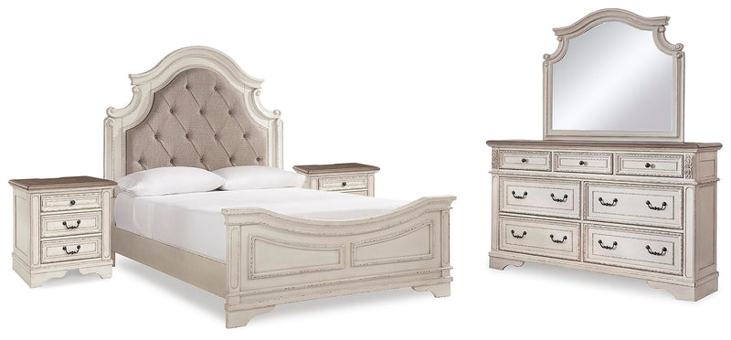 Ashley Furniture Realyn bedroom set with a modern bed frame, matching nightstands, and a coordinated dresser in a stylish bedroom.