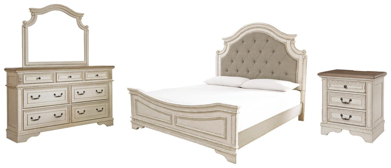 Ashley Furniture Realyn bedroom set featuring a bed frame, nightstands, and dresser with a rustic wood finish.