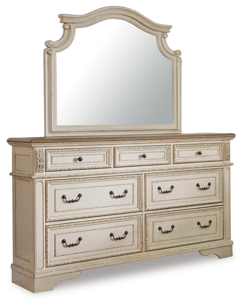 Ashley Furniture Realyn bedroom set with a bed, nightstands, and dresser in a contemporary design, shown in a stylish bedroom setup.