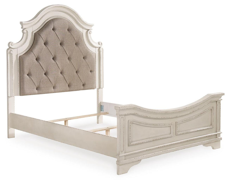 Ashley Furniture Realyn upholstered bed with plush fabric, featuring a modern headboard and clean-lined design in a stylish bedroom setting.