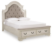 Ashley Furniture Realyn upholstered bed with a neutral fabric, showcasing a stylish headboard and clean bed frame from a side angle.