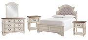 Ashley Furniture Realyn bedroom set featuring a bed frame, nightstands, and dresser with a modern design and natural wood finish.