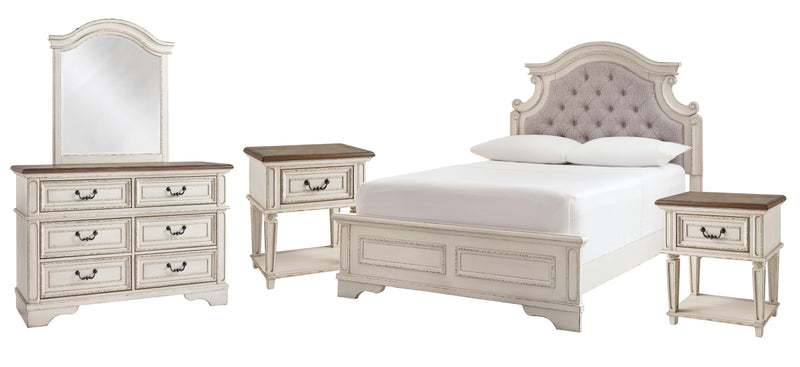 Ashley Furniture Realyn bedroom set featuring a bed frame, nightstands, and dresser with a modern design and natural wood finish.