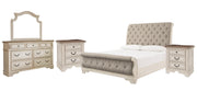 Ashley Furniture Realyn bedroom set with a wooden bed frame, matching nightstands, and a coordinating dresser in a stylish bedroom.