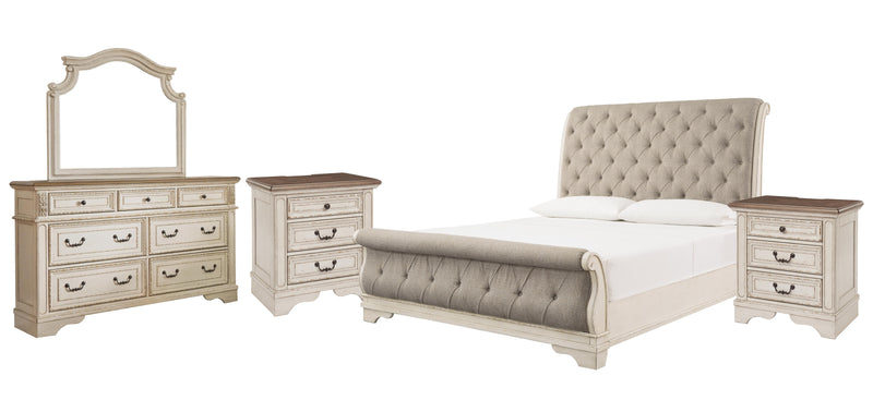 Ashley Furniture Realyn bedroom set with a wooden bed frame, matching nightstands, and a coordinating dresser in a stylish bedroom.