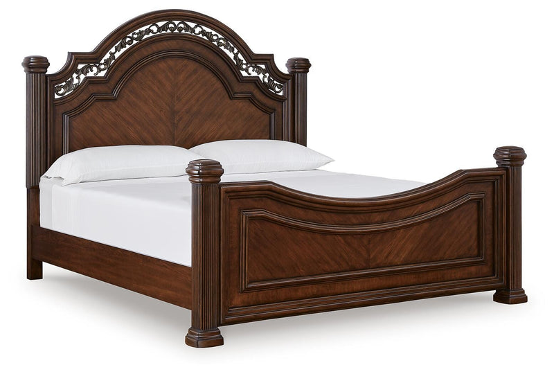Ashley Furniture Lavinton bedroom set with a bed, nightstands, and dresser in a modern design, shown from an angled view.