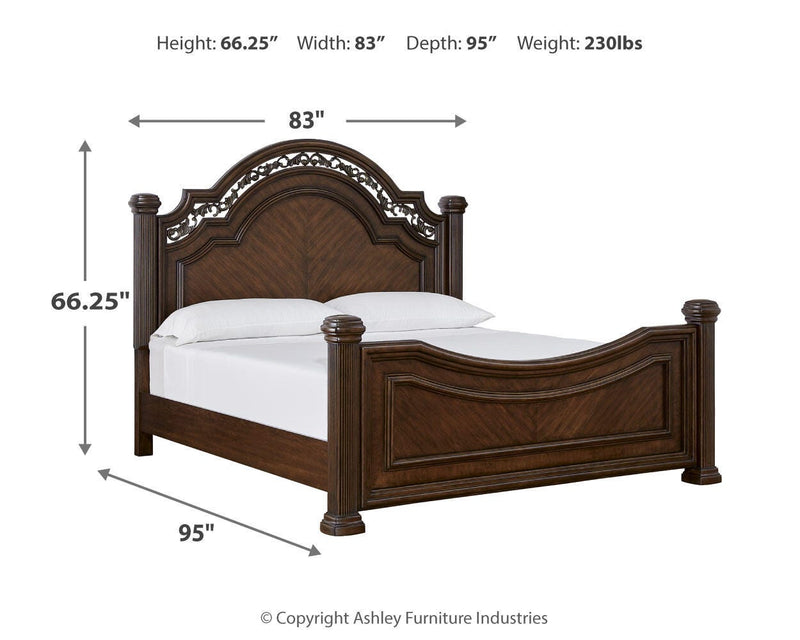 Ashley Furniture Lavinton bedroom set includes a bed frame, nightstands, and dresser with classic wood finish.