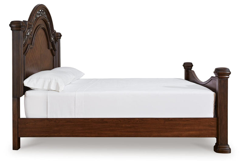 Ashley Furniture Lavinton bedroom set with a bed, nightstands, and dresser in a modern design, shown from a side view.