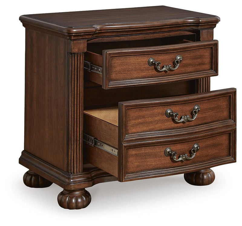 Ashley Furniture Lavinton bedroom set with a bed frame, matching nightstands, and dresser shown from an angled open view.