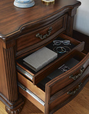 Ashley Furniture Lavinton bedroom set with dark wood finish, featuring a bed frame, dresser, and matching nightstands in a detailed view.