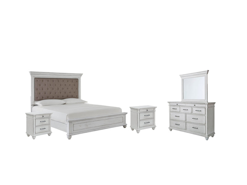 Ashley Furniture Kanwyn bedroom set featuring a bed, matching nightstands, and dresser in a modern wood finish.