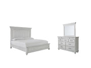 Ashley Furniture Kanwyn bedroom set featuring a bed, nightstands, and matching dresser with modern design and neutral finish.