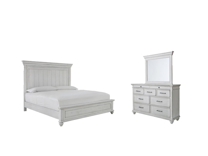 Ashley Furniture Kanwyn bedroom set featuring a bed, nightstands, and matching dresser with modern design and neutral finish.