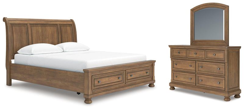 Ashley Furniture Feddinger bedroom set with a modern bed frame, matching nightstands, dresser, and mirror in a stylish bedroom setup.