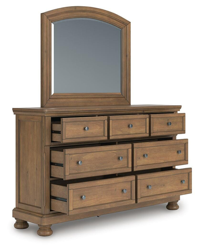 Ashley Furniture Feddinger bedroom set with a bed frame, matching nightstands, and dresser, featuring a modern design.