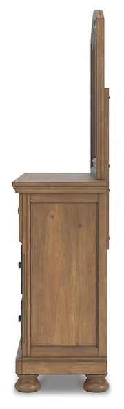 Ashley Furniture Feddinger bedroom set includes a bed, dresser, and nightstands with modern design and neutral finish.