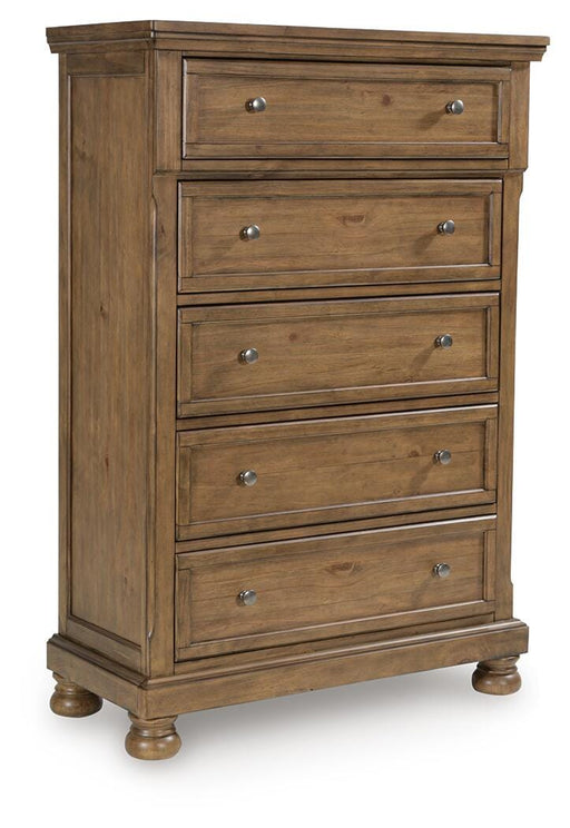 Ashley Furniture Feddinger chest of drawers, angled view showing dark wood finish and multiple drawers with silver handles.