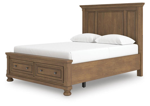 Ashley Furniture Feddinger Panel Storage Bed with wood finish and storage drawers, shown from an angled side view.