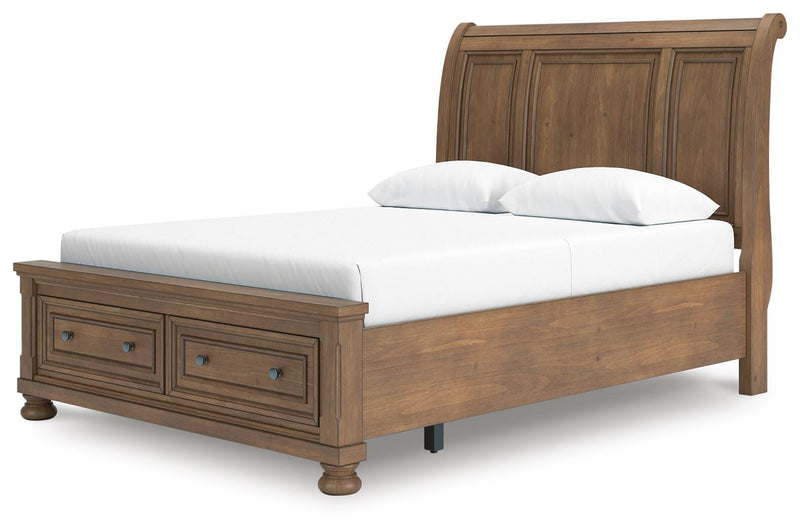 Ashley Furniture Feddinger bedroom set with bed frame, matching nightstands, and dresser in a stylish bedroom scene.
