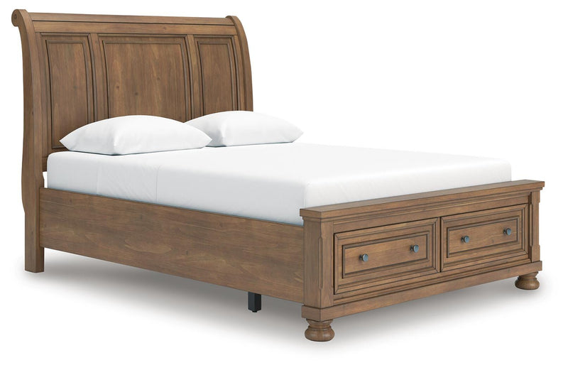 Ashley Furniture Feddinger Bedroom Set with a modern bed frame, matching nightstands, and a coordinated dresser in a stylish bedroom scene.