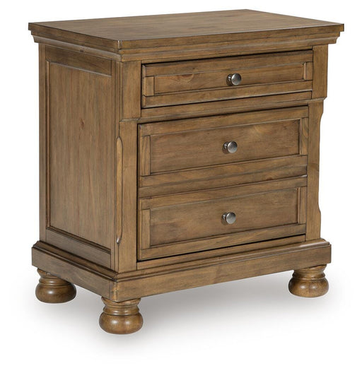 Ashley Furniture Feddinger Nightstand with a closed drawer and wood finish, shown from an angled side view.