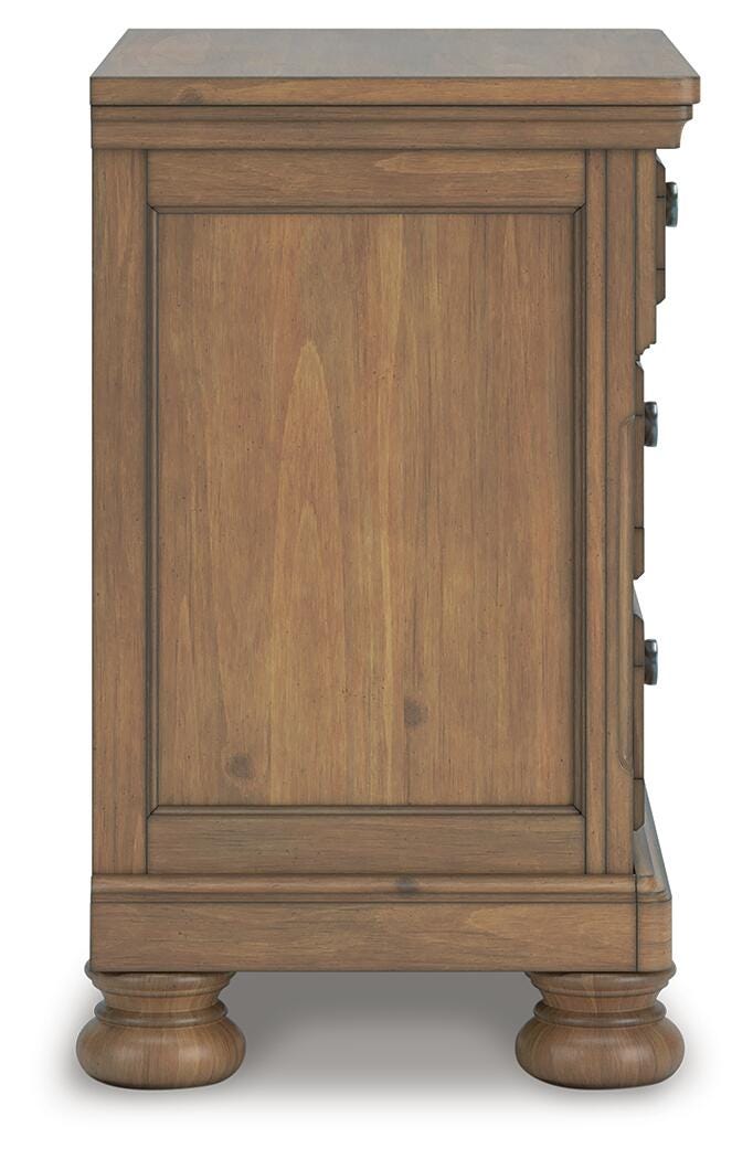 Ashley Furniture Feddinger bedroom set includes a bed, dresser, and nightstands in a modern, stylish bedroom scene.