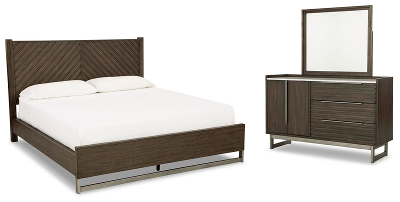 Ashley Furniture Arkenton King Bedroom Set with matching bed frame, nightstands, and dresser in a modern bedroom layout.