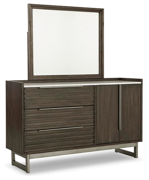 Ashley Furniture Arkenton dresser with matching mirror, featuring a dark wood finish and modern design for bedroom storage.