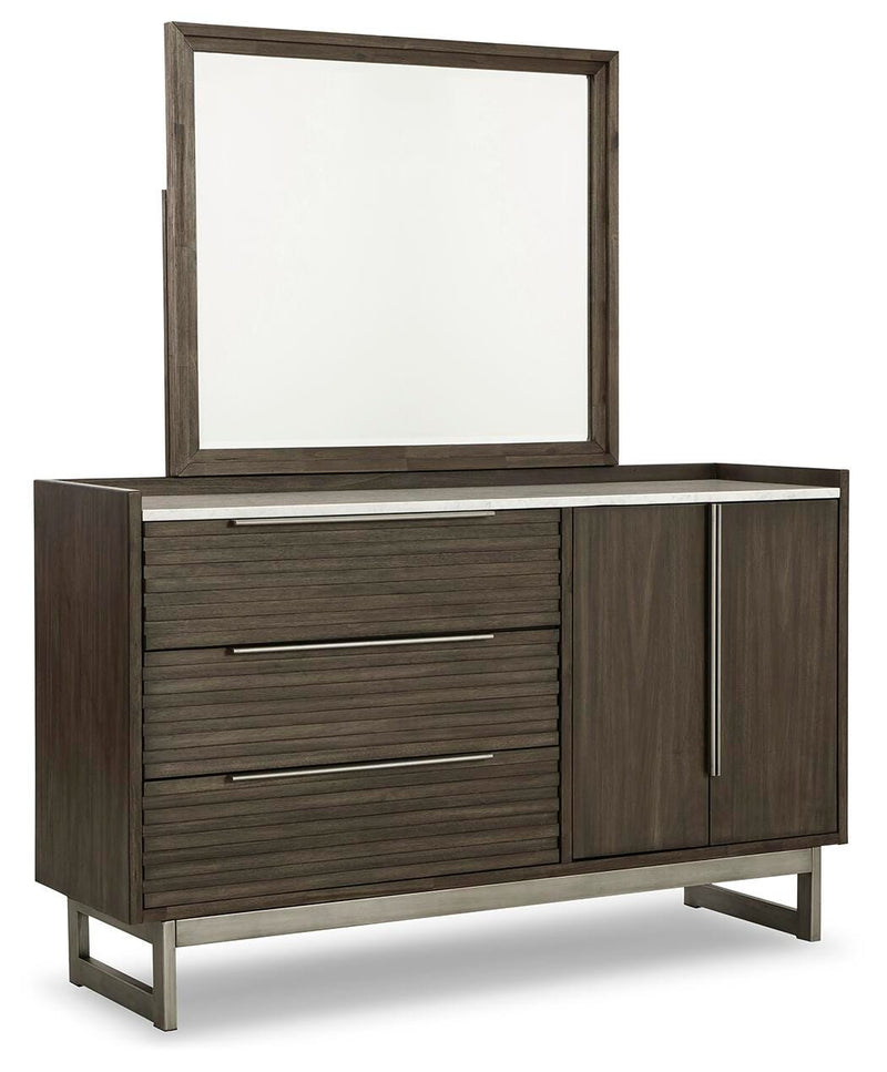 Ashley Furniture Arkenton King Bedroom Set featuring a dark wood bed frame, matching nightstands, and a spacious dresser.