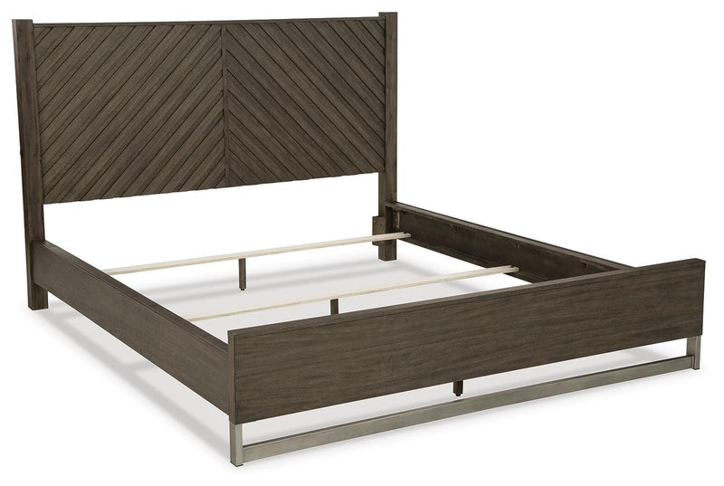 Ashley Furniture Arkenton King Bedroom Set with a stylish bed frame and matching nightstands, shown from an angled view.