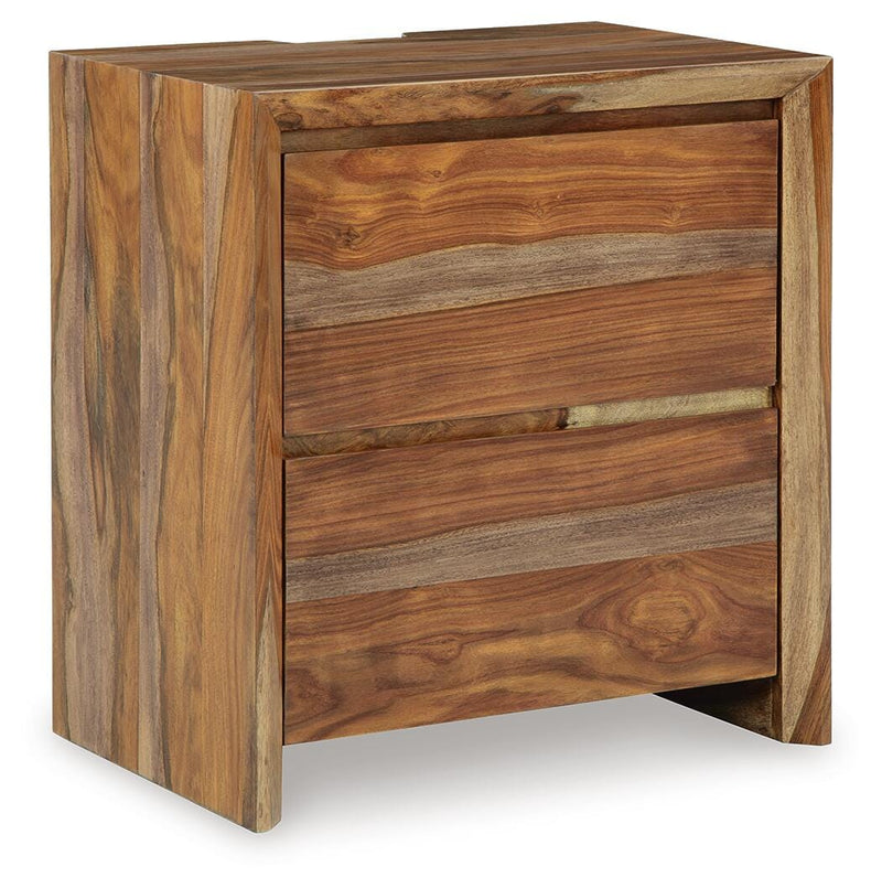 Ashley Furniture Dressonni nightstand with a closed drawer, sleek wood finish, and modern design viewed from an angled side.