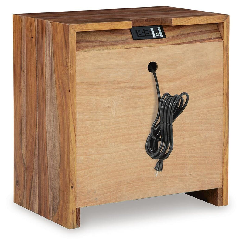 Ashley Furniture Dressonni nightstand with a dark wood finish, featuring a drawer and open shelf for bedroom storage.