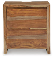 Ashley Furniture Dressonni nightstand with a sleek wood finish and modern design, featuring a single drawer and open shelf.