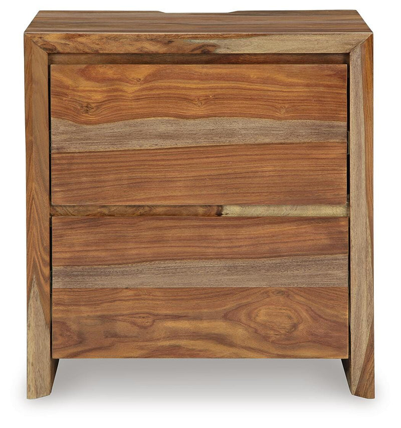 Ashley Furniture Dressonni nightstand with a sleek wood finish and modern design, featuring a single drawer and open shelf.
