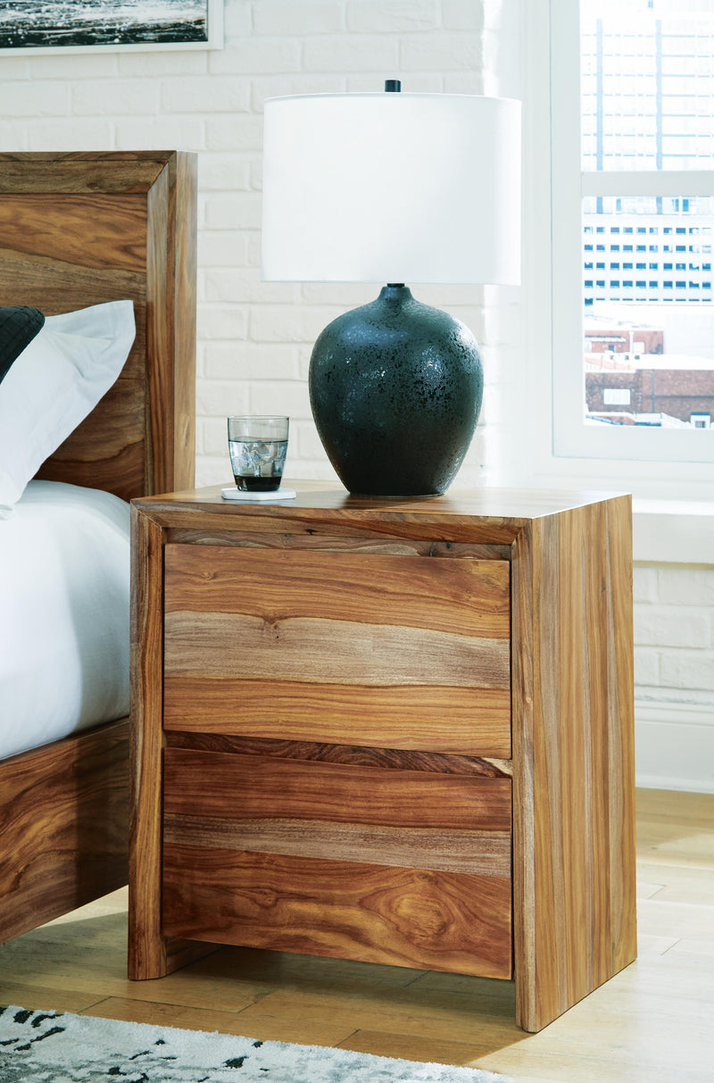 Ashley Furniture Dressonni Nightstand with sleek wood finish and modern design, featuring a drawer and open storage shelf.