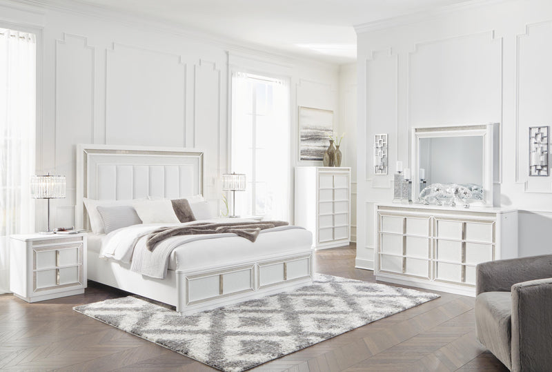 Ashley Furniture Chalanna bedroom set with matching bed frame, nightstands, and dresser in a modern bedroom layout.