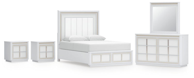 Ashley Furniture Chalanna bedroom set featuring a modern bed frame, matching nightstands, and a stylish dresser in a cozy bedroom scene.