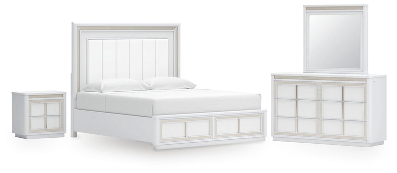 Ashley Furniture Chalanna bedroom set with bed frame, dresser, and nightstands in a modern bedroom setting.