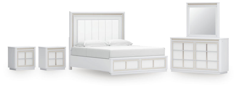 Ashley Furniture Chalanna bedroom set including a bed, nightstands, and dresser with modern wood finish and stylish hardware.