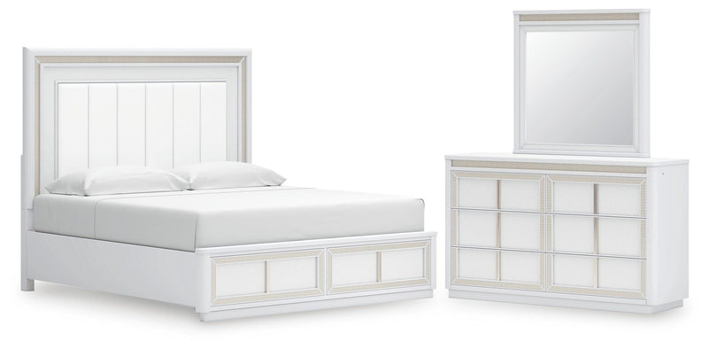 Ashley Furniture Chalanna bedroom set with a modern bed frame, matching nightstands, and a stylish dresser in a cozy bedroom scene.